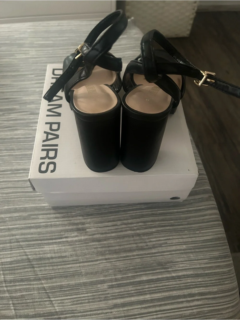 Dream Pairs Black Block Heel Sandals with Ankle Strap and Wide Front Band